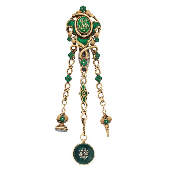 French gold pocket watch with green enamel chatelaine Circa 1860