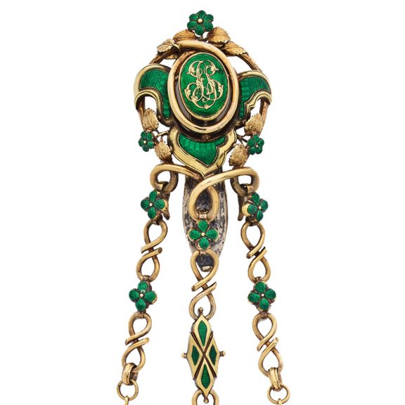 French gold pocket watch with green enamel chatelaine Circa 1860 French gold pocket watch with green enamel chatelaine Circa 1860