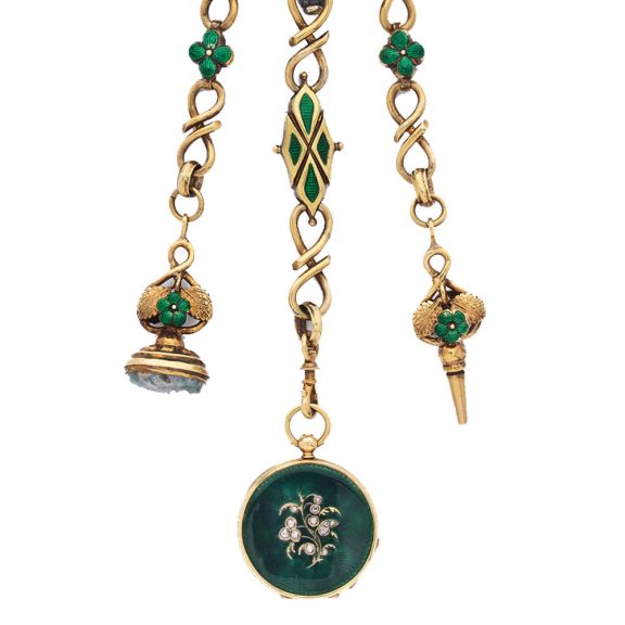 French gold pocket watch with green enamel chatelaine Circa 1860 French gold pocket watch with green enamel chatelaine Circa 1860