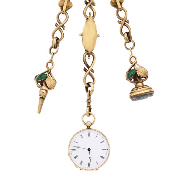 French gold pocket watch with green enamel chatelaine Circa 1860 French gold pocket watch with green enamel chatelaine Circa 1860