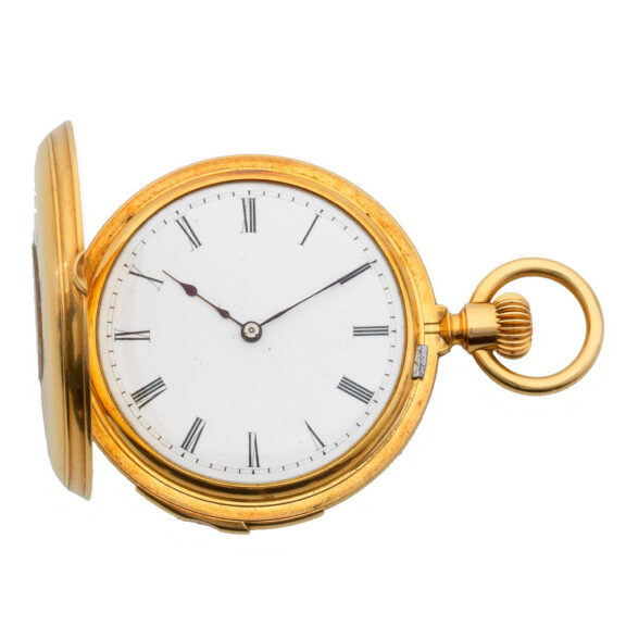 Swiss gold half hunter minute repeating lever watch Circa 1870 Swiss gold half hunter minute repeating lever watch Circa 1870