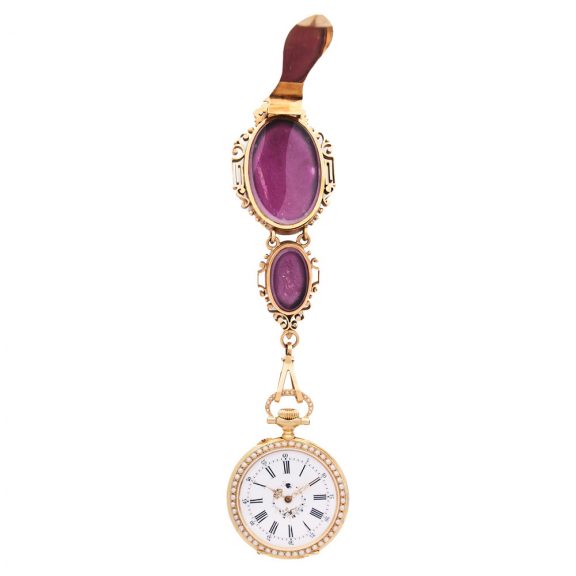 Swiss decorative 18K gold verge watch with chatelaine Circa 1790 Swiss decorative 18K gold verge watch with chatelaine Circa 1790