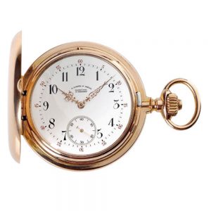 Swiss pink gold hunting cased lever with carrousel Circa 1905