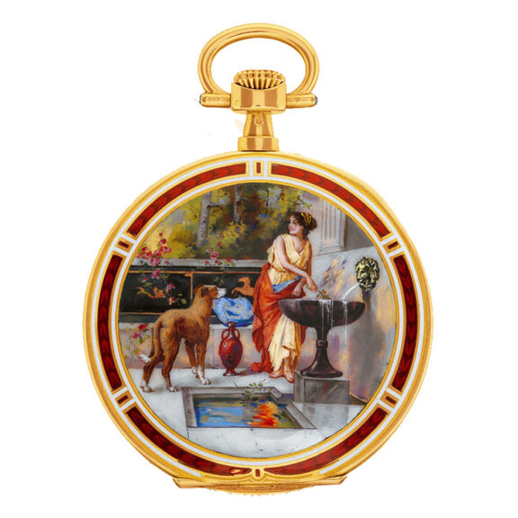 Slim Swiss gold watch with polychrome enamel scene Circa 1910