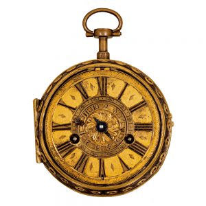 French gilt watch with alarm and mock pendulum Circa 1690