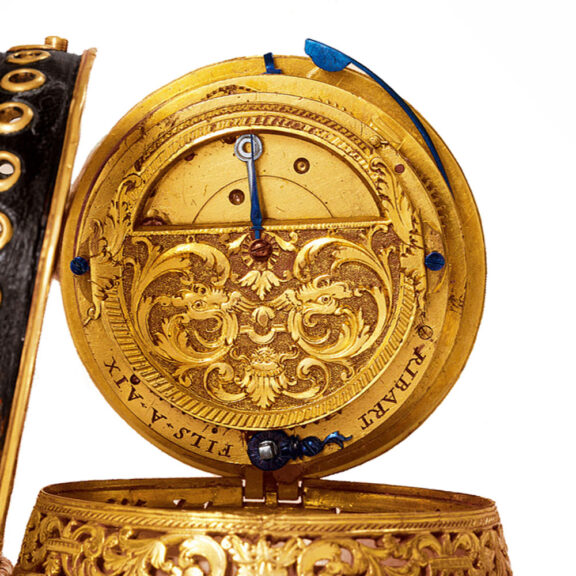 French gilt watch with alarm and mock pendulum Circa 1690 French gilt watch with alarm and mock pendulum Circa 1690