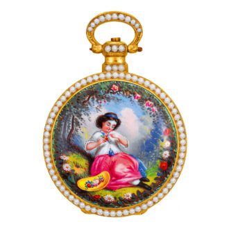 Swiss gilt brass and enamel center seconds duplex Circa 1850