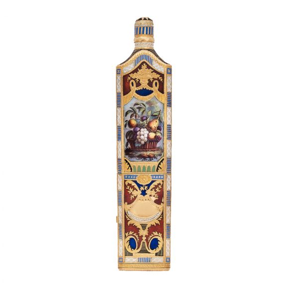 Swiss 18 carat gold and enamel perfume flask with watch Circa 1810 Swiss 18 carat gold and enamel perfume flask with watch Circa 1810