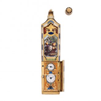 Swiss 18 carat gold and enamel perfume flask with watch Circa 1810
