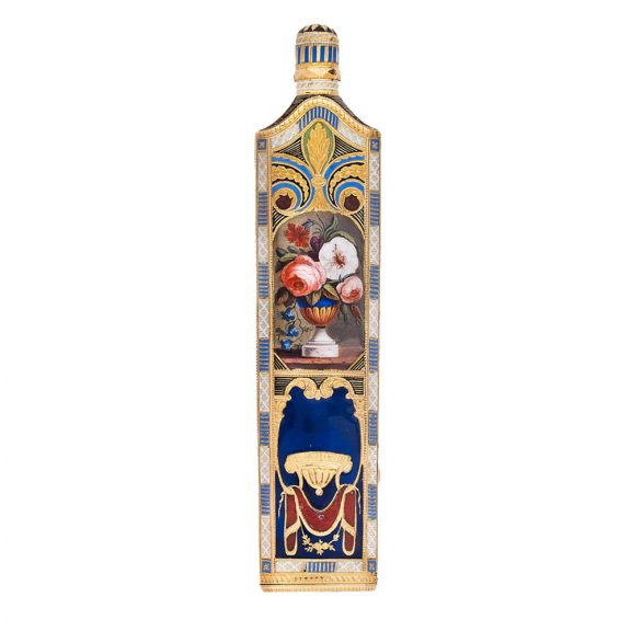 Swiss 18 carat gold and enamel perfume flask with watch Circa 1810 Swiss 18 carat gold and enamel perfume flask with watch Circa 1810
