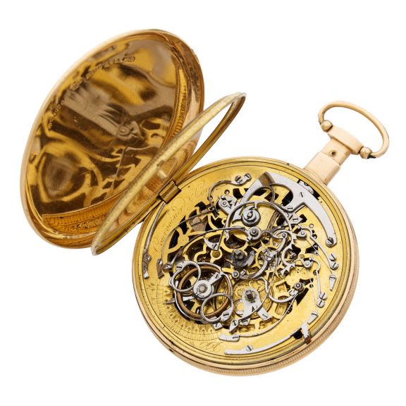 Swiss gold skeletonized carillon repeater with automaton Circa 1820 Swiss gold skeletonized carillon repeater with automaton Circa 1820