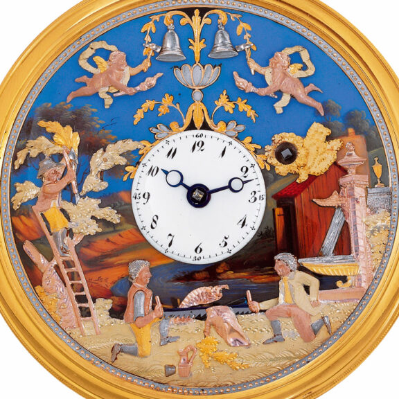 Swiss gold and enamel repeating watch with automaton Circa 1802 Swiss gold and enamel repeating watch with automaton Circa 1802