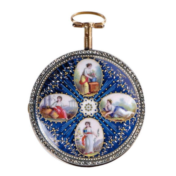 Swiss gold enamel open faced watch circa 1800 Swiss gold enamel open faced watch circa 1800