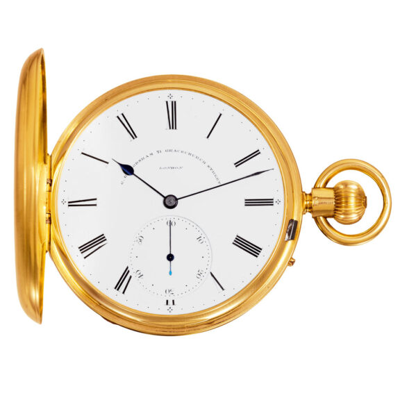 Large English watch in a gold full hunter case Circa 1881 Large English watch in a gold full hunter case Circa 1881