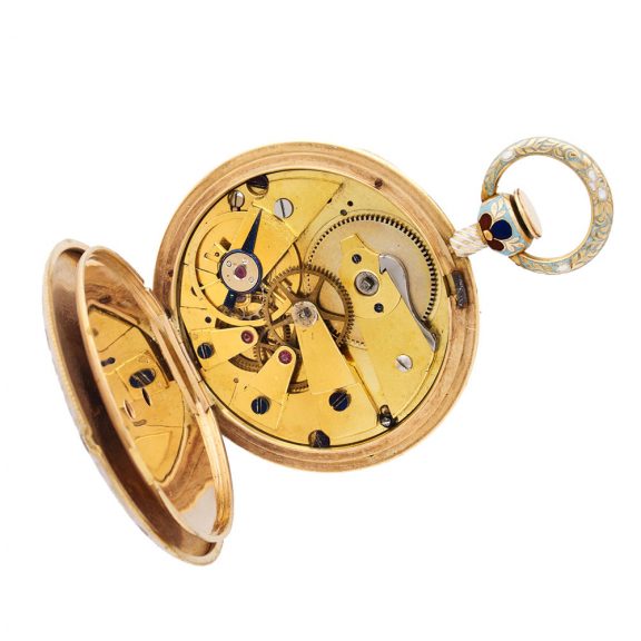 French 18K gold and enamel key wind cylinder watch Circa 1830 French 18K gold and enamel key wind cylinder watch Circa 1830