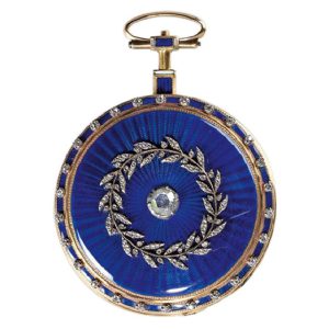 Swiss gold enamel watch with a rare 8 day power reserve Circa 1810