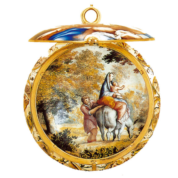 French gold with polychrome enamel scenes watch Circa 1640 French gold with polychrome enamel scenes watch Circa 1640