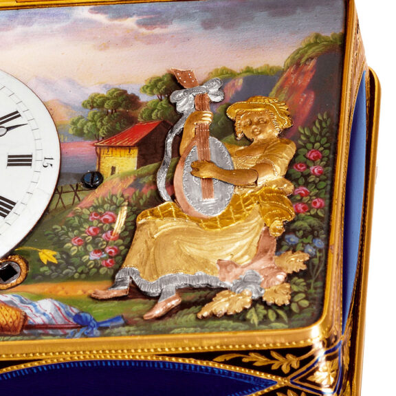 Swiss 18K gold musical snuffbox with automaton Circa 1810 Swiss 18K gold musical snuffbox with automaton Circa 1810