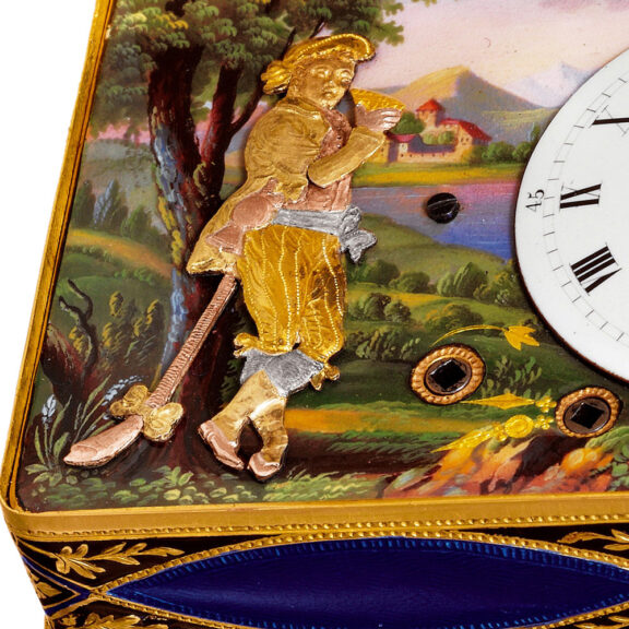 Swiss 18K gold musical snuffbox with automaton Circa 1810 Swiss 18K gold musical snuffbox with automaton Circa 1810