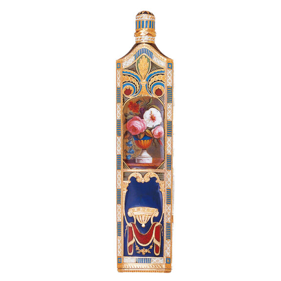 Swiss 18 carat gold and enamel perfume flask with watch Circa 1810 Swiss 18 carat gold and enamel perfume flask with watch Circa 1810