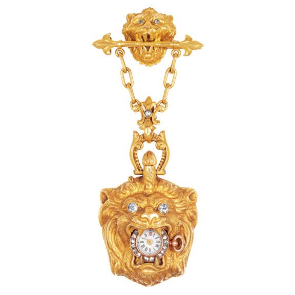 Swiss gold watch in the form of a lion's head Circa 1870 Swiss gold watch in the form of a lion's head Circa 1870