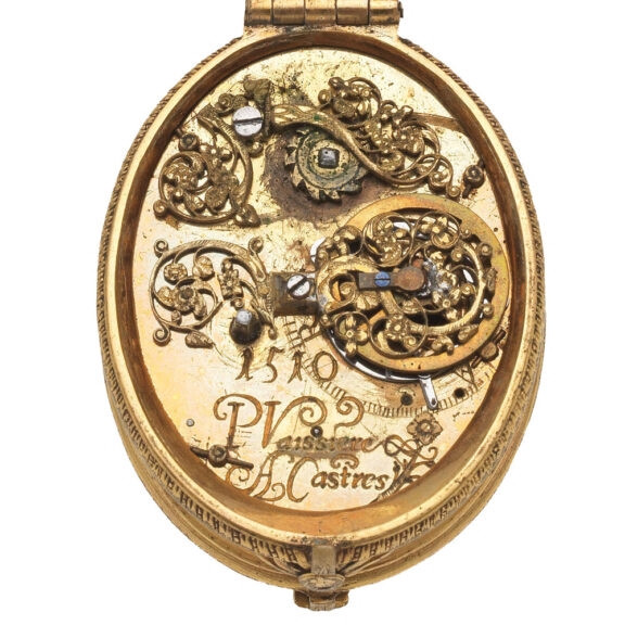 French gilt brass single-handed oval verge watch Circa 1615 French gilt brass single-handed oval verge watch Circa 1615