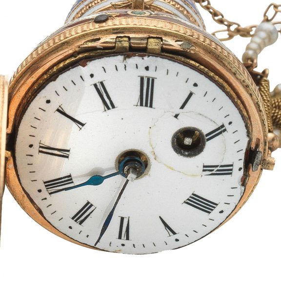 Austrian gold and enamel perfume bottle shaped watch circa 1800 Austrian gold and enamel perfume bottle shaped watch circa 1800