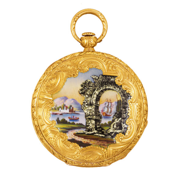 Slim Swiss gold and enamel cylinder watch Circa 1840 Slim Swiss gold and enamel cylinder watch Circa 1840