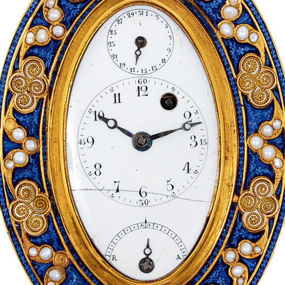 Swiss gold, enamel and pearl set watch with calendar Circa 1800 Swiss gold, enamel and pearl set watch with calendar Circa 1800
