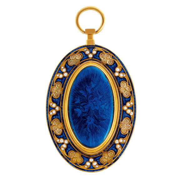 Swiss gold, enamel and pearl set watch with calendar Circa 1800 Swiss gold, enamel and pearl set watch with calendar Circa 1800
