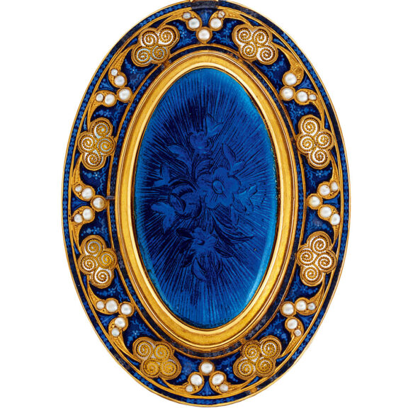 Swiss gold, enamel and pearl set watch with calendar Circa 1800 Swiss gold, enamel and pearl set watch with calendar Circa 1800