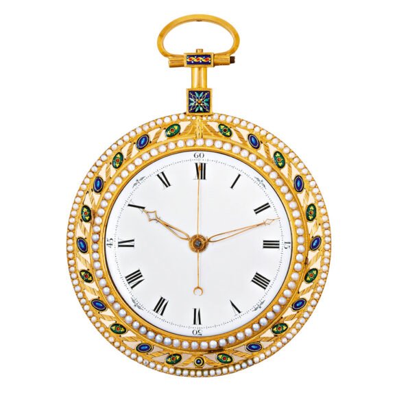 English gold, enamel and pearl set cylinder watch Circa 1785 English gold, enamel and pearl set cylinder watch Circa 1785