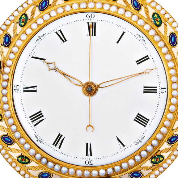 English gold, enamel and pearl set cylinder watch Circa 1785 English gold, enamel and pearl set cylinder watch Circa 1785