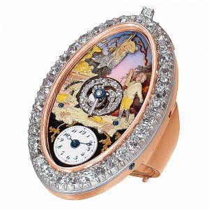 Swiss gold diamond set ring watch with automaton Circa 1810