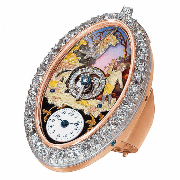 Swiss gold diamond set ring watch with automaton Circa 1810