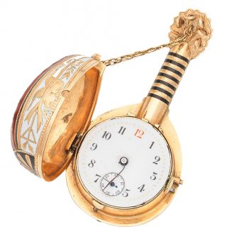 Swiss gold and enamel mandolin form watch Circa 1820