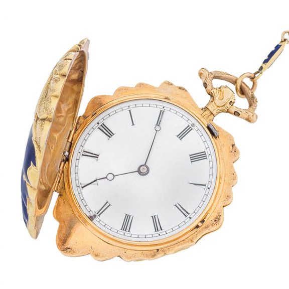 English gilt metal with enamel key wind form watch Circa 1865 English gilt metal with enamel key wind form watch Circa 1865