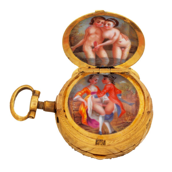 Swiss gold and enamel miniature lady's erotic watch Circa 1775 Swiss gold and enamel miniature lady's erotic watch Circa 1775