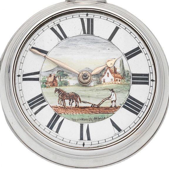 English silver pair cased verge with decorative dial Circa 1860 English silver pair cased verge with decorative dial Circa 1860