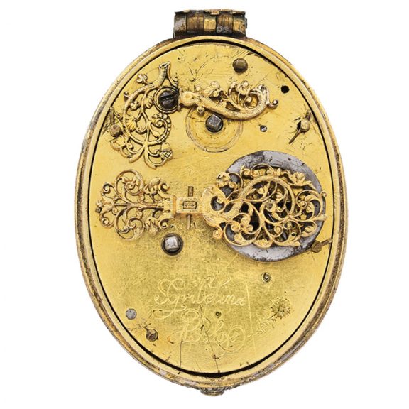 French brass gilt silver oval watch with compass Circa 1625 French brass gilt silver oval watch with compass Circa 1625