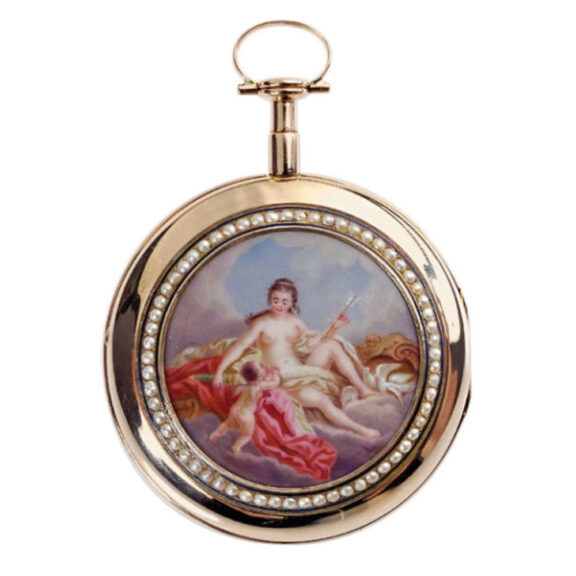 Swiss gold half pearl enamel verge watch circa 1800