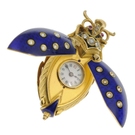 Swiss gold, enamel, diamond set beetle form watch Circa 1870 Swiss gold, enamel, diamond set beetle form watch Circa 1870
