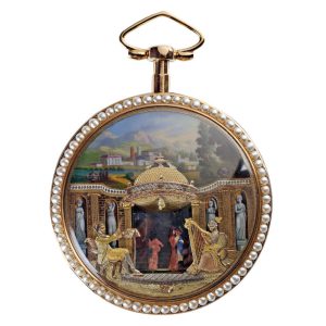 Swiss gold enamel watch with musical movement Circa 1800