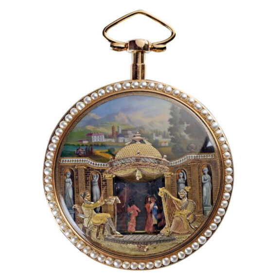 Swiss gold enamel watch with musical movement Circa 1800