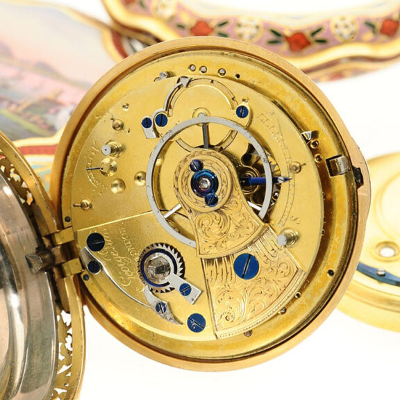 English gold enamel quarter repeater in a triple case Circa 1820 English gold enamel quarter repeater in a triple case Circa 1820