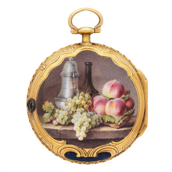 French 18K gold double virgule watch, enamel scene Circa 1775