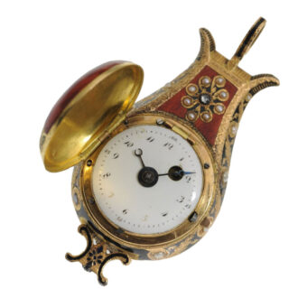 Swiss gold, enamel and pearl set form watch Circa 1810