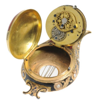 Swiss gold, enamel and pearl set form watch Circa 1810