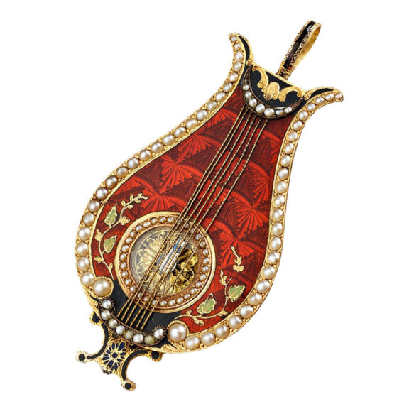 Swiss gold, enamel and pearl set form watch Circa 1810