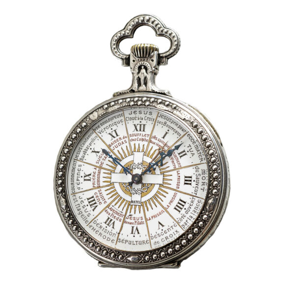 French silver watch with a crucifix scene of Jesus Circa 1910